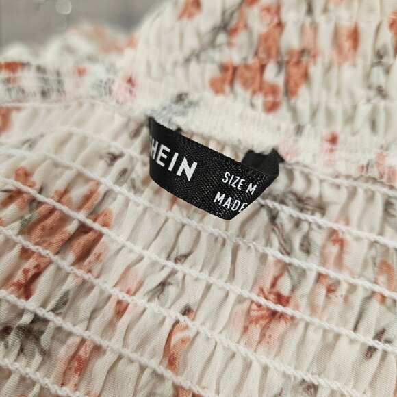 Shein Ditsy Floral Puff-Sleeve Shirred Peplum Top | White & Rust | Size M NWOT - Picture 4 of 4